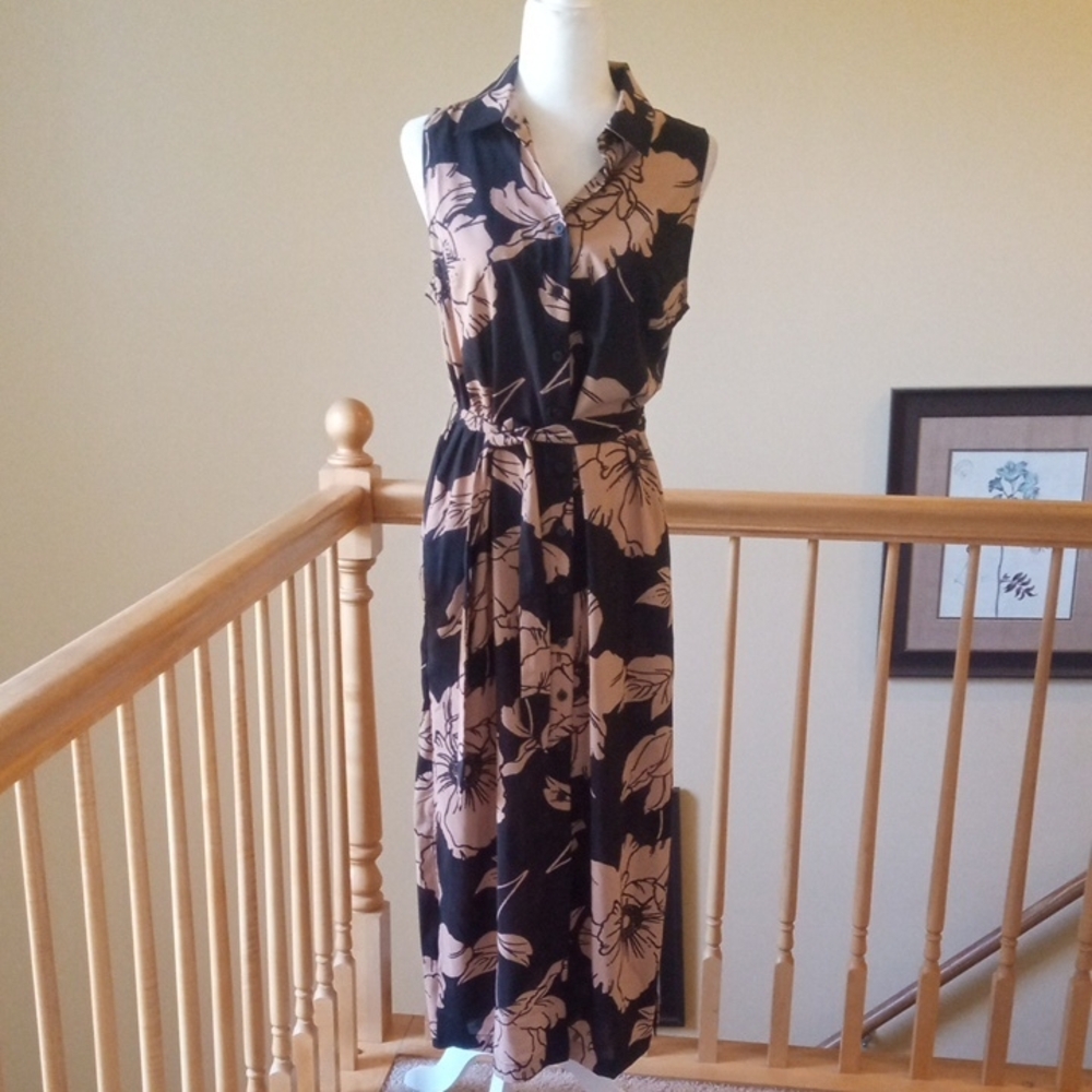 G By Giuliana Black and Cream Floral Sleeveless Summer Midi Dress